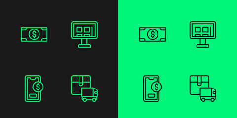 Set line Delivery cargo truck, Mobile with dollar, Stacks paper money cash and Online shopping screen icon. Vector