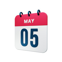 May Realistic Calendar Icon 3D Rendered Date May 05