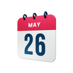 May Realistic Calendar Icon 3D Rendered Date May 26