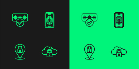Fototapeta na wymiar Set line Cloud computing lock, Lock, Password protection and Mobile with fingerprint scanner icon. Vector