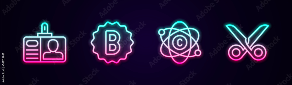 Poster set line identification badge, exam paper with incorrect answers, atom and scissors. glowing neon ic