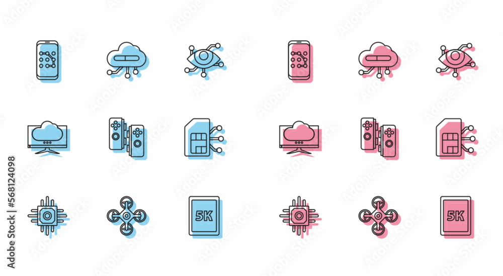 Poster set line processor, drone, mobile and graphic password protection, tablet with text 5k, gamepad, sim