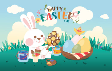 White Rabbit Painting Easter Egg In Garden, Vector, Illustration