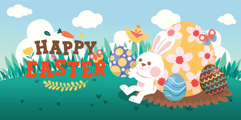 White Rabbit, Chick And Easter Egg In Garden, Vector, Illustration