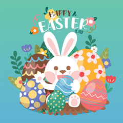 White Rabbit With Colorful Easter Eggs, Vector, Illustration