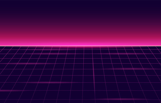 Retro wave cyber background, laser grid, Abstract digital background. 80s, 90s Retro futurism. pink glow and purple. for poster, cover, wallpaper, web, banner,Synthwave wireframe net illustration.