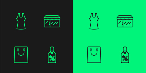 Set line Discount percent tag, Paper shopping bag, Woman dress and Market store icon. Vector