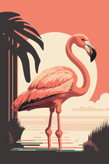 Flamingo. Vector illustration of a flamingo at sunset.