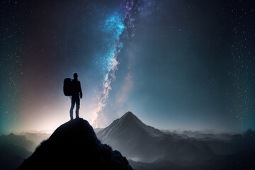 Fototapeta na wymiar A silhouette of a young traveler with a backpack standing alone on top of a mountain and looking at the Milky Way and night sky. He liked traveling and was successful when he reached the top