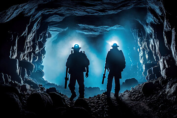 Silhouettes of miners in a helmet with lanterns in a dark cave exploration and geological work, coal mining, blue light. Generative AI