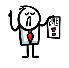 Funny strict man in business suit holds a list of rules and attracts attention.