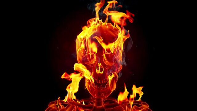 Burning skull on a black background. Slow motion fire flames with sparks.