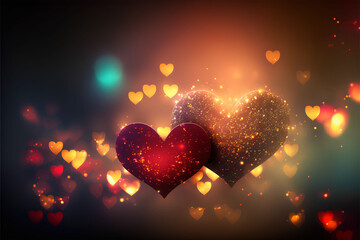 valentine background, background with hearts, Glowing blurred hearts with red glitter and Bokeh effect, illustration. Generative Ai