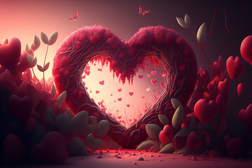 heart, Love symbol shaped pink Floral Plants branches Leaves Valentines day greeting background backdrop design. Generative Ai