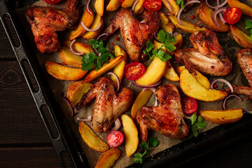Fried chicken wings, with potatoes, and spices, homemade, fast food, no people,