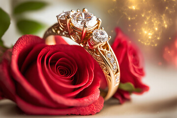rings on red rose, Gold diamond engagement ring in the red roses illustration. Generative Ai