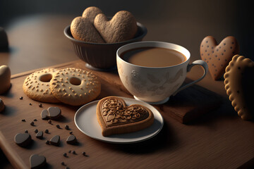 cup of coffee with cookies in the shape of Love Symbol, Love heart shaped Cookies and Coffee. Generative Ai