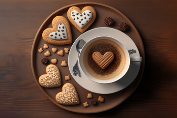 cup of coffee with chocolate and nuts, Love heart shaped Cookies and Coffee, illustration. Generative Ai