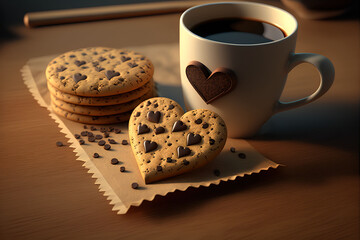 cup of coffee and cookies, Love heart shaped Cookies and Coffee. Generative Ai