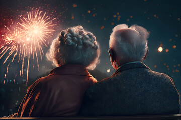 couple sitting on bench watching Firework's show from a park, Old couple in Love sitting on bench looking at fire works. Generative Ai