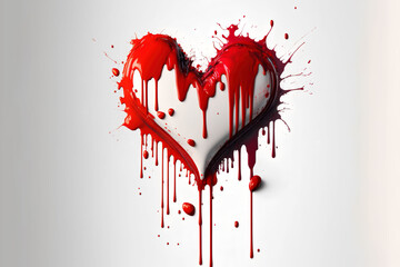 heart with blood, Red Paint splashed on white wall in the shape of Love Heart Dripping Red Paint, Backdrop. Generative Ai
