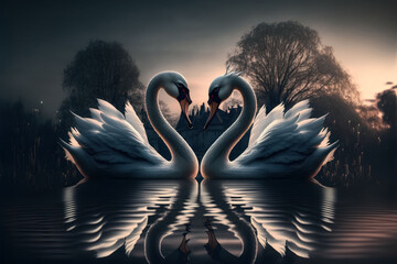swans on the lake at sunset, Swan Couple in Love, Valentines Day illustration. Generative Ai