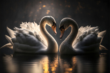 Swans on the lake at sunset, Swan Couple in Love. Generative Ai