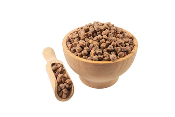 brown chickpeas in wooden bowl and scoop isolated on white background. nutrition. food ingredient.