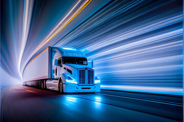 Truck bus electric car of the future rides on the road in the tunnel, eco clean environment without harmful waste, neon light at night in the tunnel, long exposure. Generative AI
