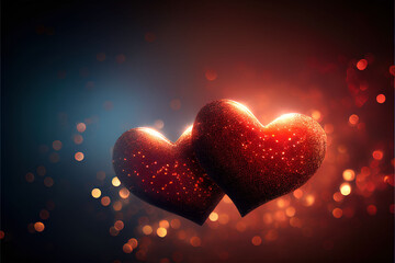background with hearts, Glowing blurred hearts with red glitter and Bokeh effect. Generative Ai