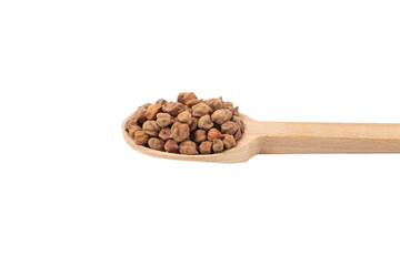 brown chickpeas on wooden spoon isolated on white background. nutrition. food ingredient.