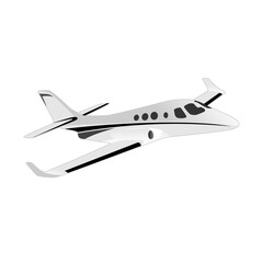 Side view of private jet airplane on white background