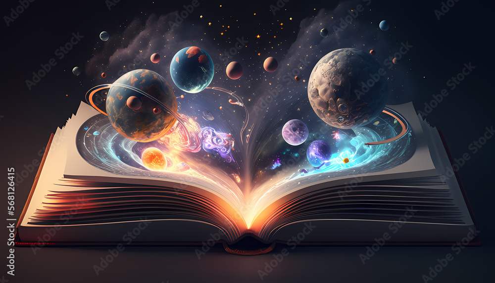 Wall mural magic book with opened with planets and galaxies made with generative AI