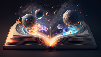 magic book with opened with planets and galaxies made with generative AI - obrazy, fototapety, plakaty