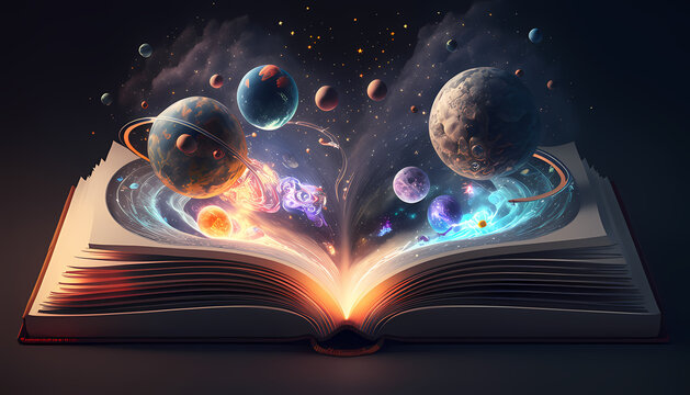 magic book with opened with planets and galaxies made with generative AI