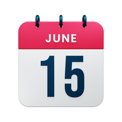 June Realistic Calendar Icon 3D Rendered Date June 15