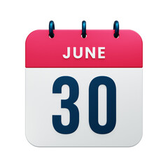 June Realistic Calendar Icon 3D Rendered Date June 30