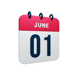 June Realistic Calendar Icon 3D Rendered Date June 01