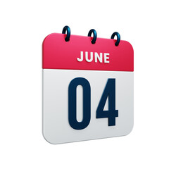 June Realistic Calendar Icon 3D Rendered Date June 04