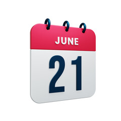 June Realistic Calendar Icon 3D Rendered Date June 21