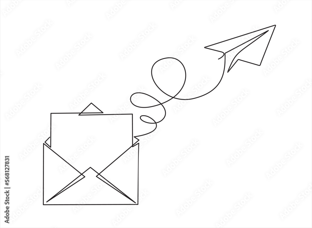 Poster single one line drawing envelope mail with airplane paper. continuous line draw design graphic vecto