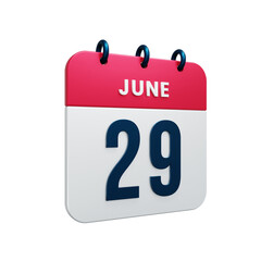 June Realistic Calendar Icon 3D Rendered Date June 29