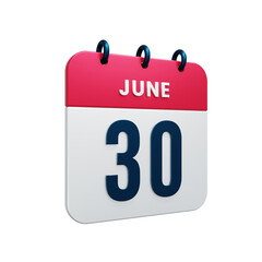 June Realistic Calendar Icon 3D Rendered Date June 30