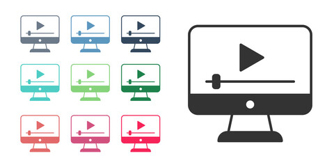 Black Online play video icon isolated on white background. Film strip with play sign. Set icons colorful. Vector
