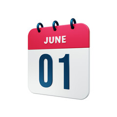 June Realistic Calendar Icon 3D Rendered Date June 01