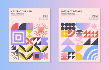 Fototapeta premium Abstract bauhaus geometric pattern backgrounds with copy space for text.Trendy minimalist geometric designs with simple shapes and elements.Modern artistic vector illustrations.