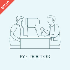 Hand drawn ophthalmologist doctor examining patient eyesight with ophthalmological equipment design flat isolated vector on white background