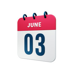 June Realistic Calendar Icon 3D Rendered Date June 03