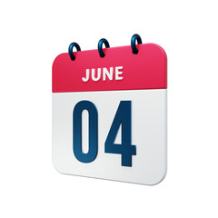 June Realistic Calendar Icon 3D Rendered Date June 04