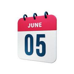 June Realistic Calendar Icon 3D Rendered Date June 05